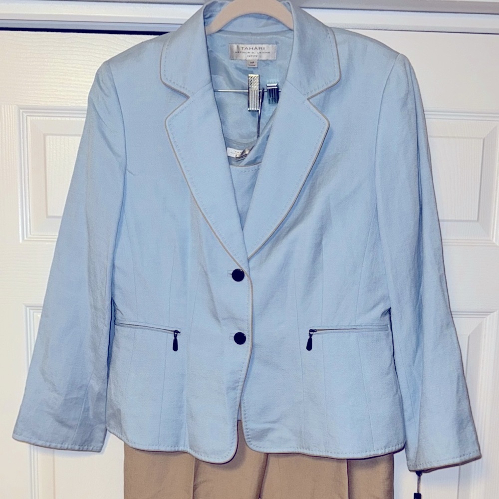 Tahari Blue and Tan Pantsuit Professional Elegance